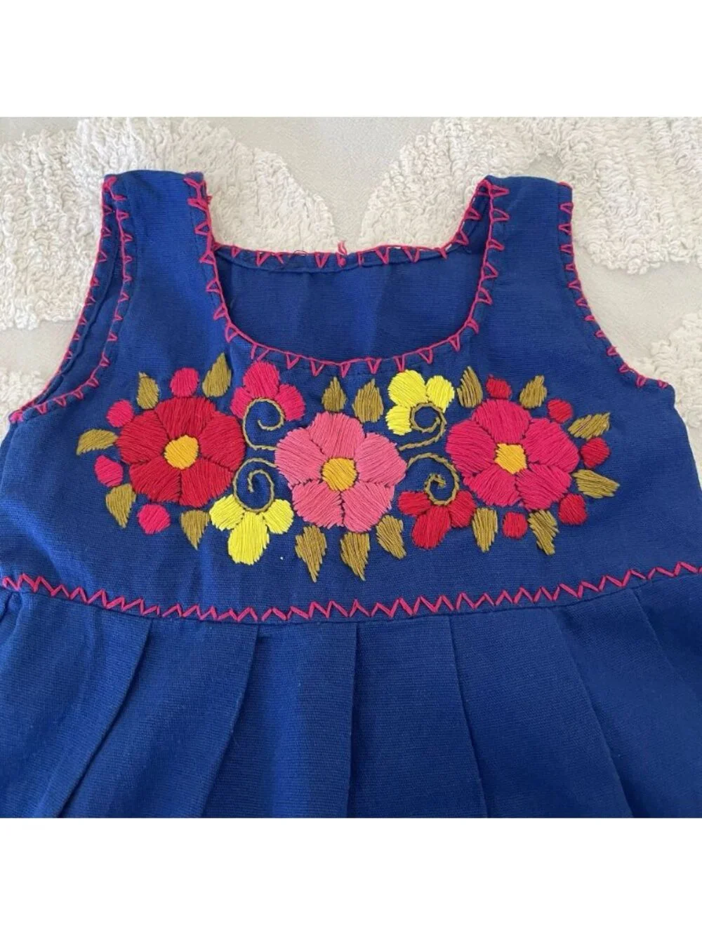 Girls Mexican Embroidered Sundress Sleeveless A-Line Blue Toddler Kids 2T